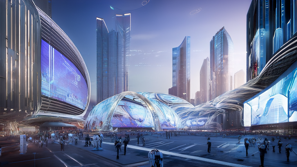 A futuristic city scene showcasing AI-optimized ad placement for cross-border commerce, highlighting high conversion and cost efficiency