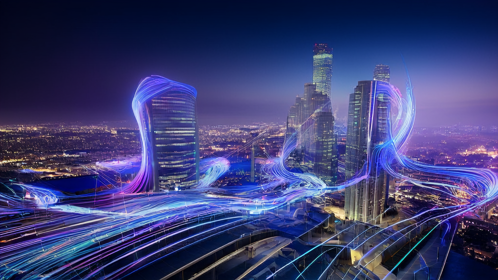 A futuristic cityscape featuring a cross-border e-commerce data center showcasing AI technology and manufacturing customs data analysis