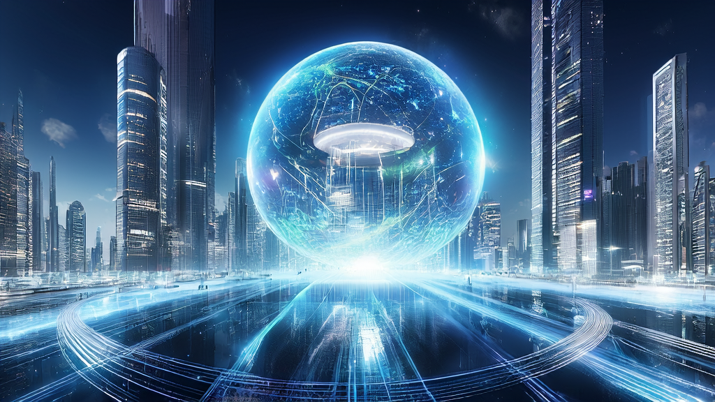In the center of a futuristic city, a transparent sphere showcases cross-border e-commerce products and data streams, surrounded by glowing points representing global customers, highlighting the importance of AI-driven acquisition.