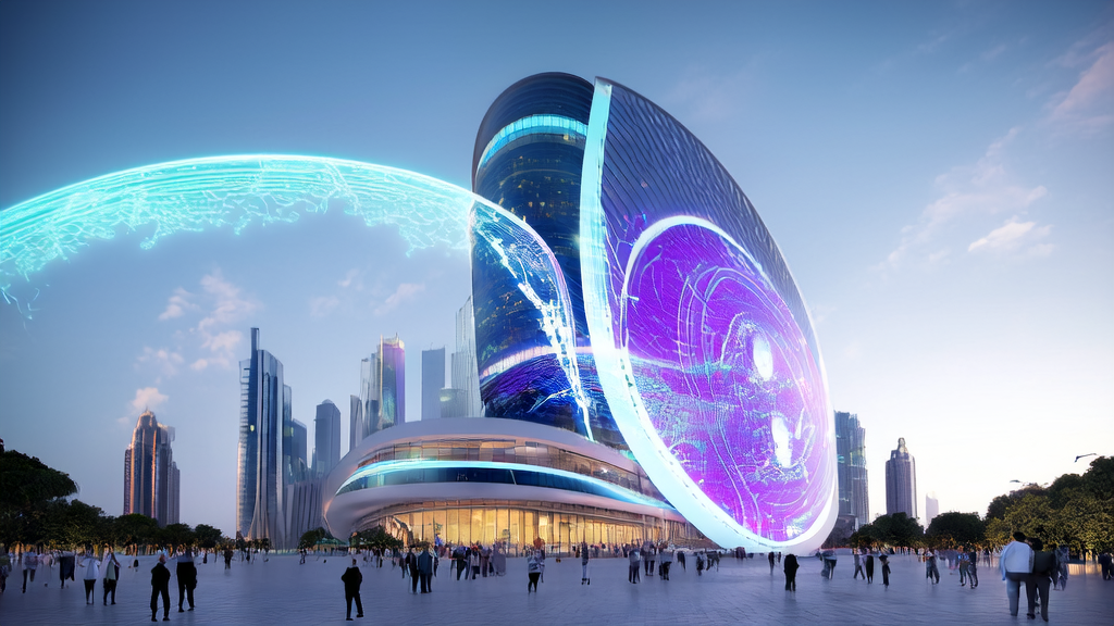 A futuristic city scene where people use AI technology for cross-border e-commerce marketing