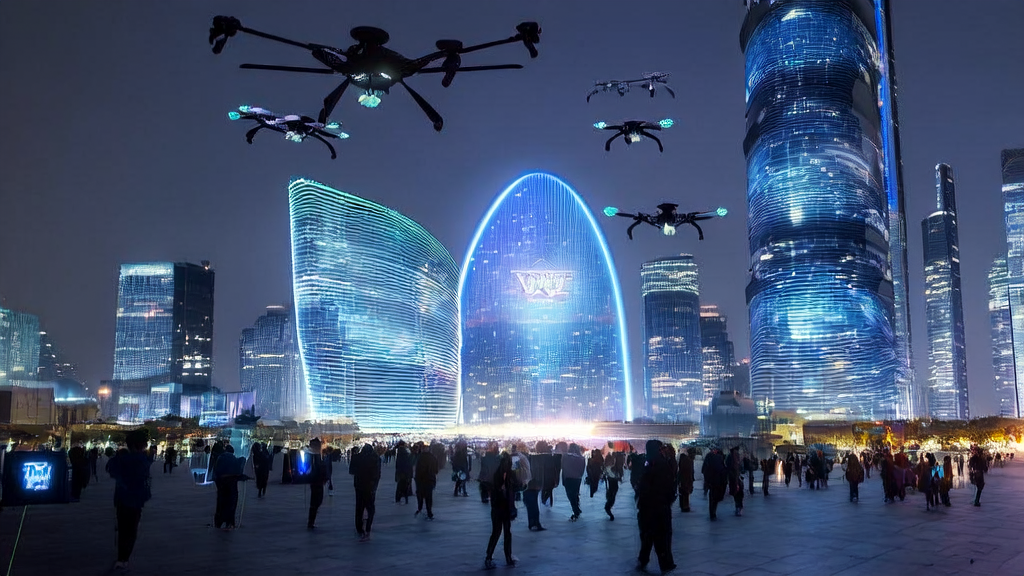 Night view of a futuristic city with AI-powered drones and holographic ads showcasing cross-border commerce trends