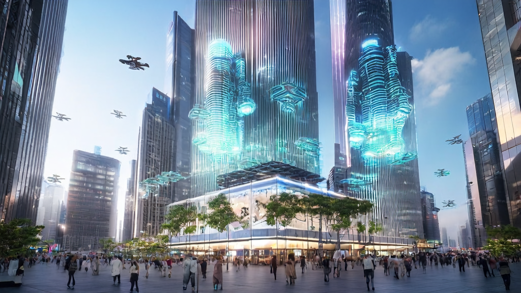 A futuristic city with a cross-border e-commerce building where an AI robot is analyzing user data and optimizing ad placements