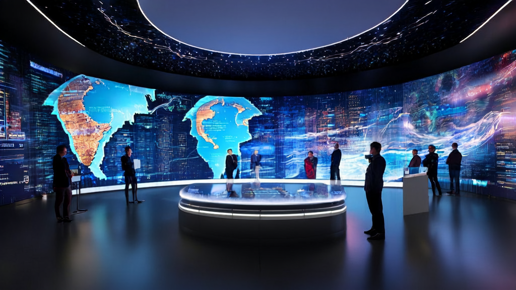 Future digital marketing control center showcasing AI technology applications in cross-border e-commerce for efficient and precise customer acquisition