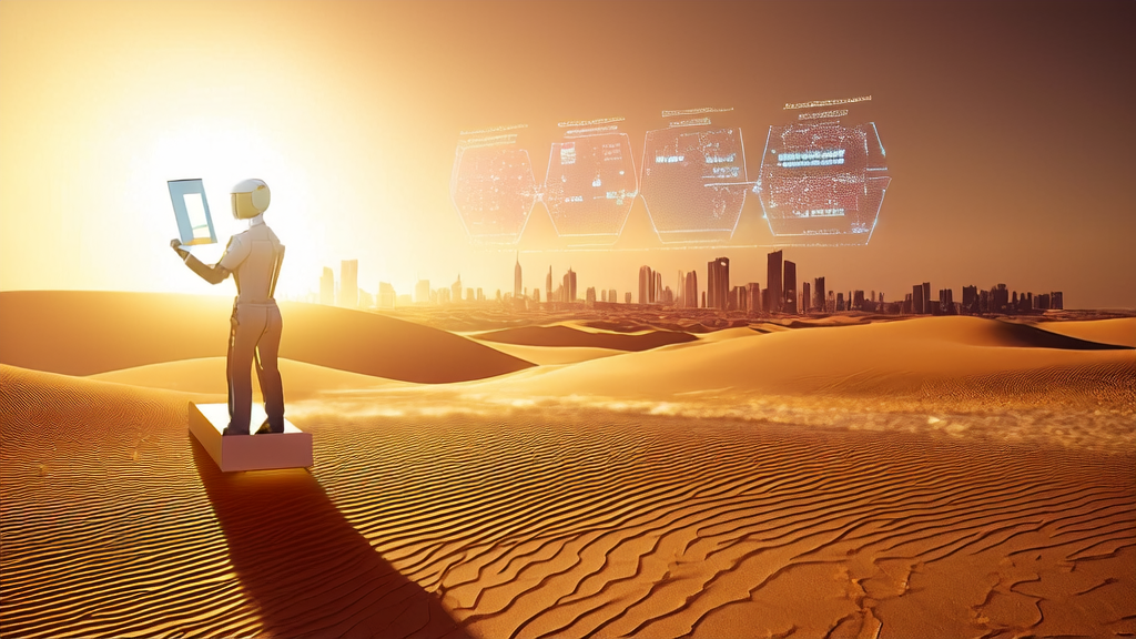 阳光下的沙漠中,跨境电商企业家利用AI技术分析中东市场客户数据,智能机器人助手在一旁协助。