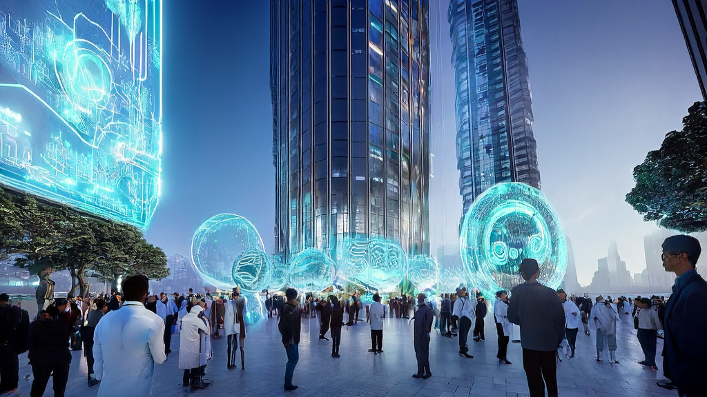 A futuristic city showcasing new AI acquisition trends and its applications in cross-border commerce and Middle East enterprises