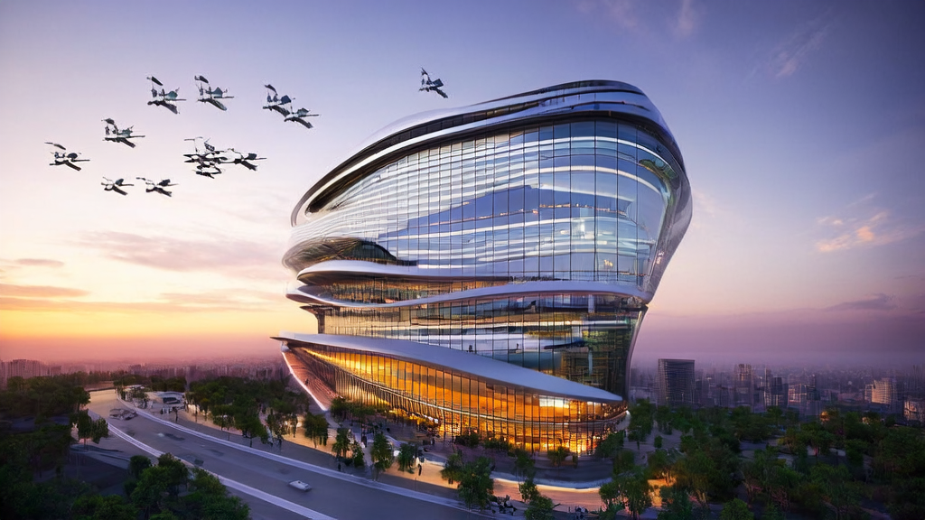 A modern office building where staff use AI technology for optimized ad placement and customer prediction, with drones delivering multilingual marketing materials, showcasing the application of AI in cross-border e-commerce.