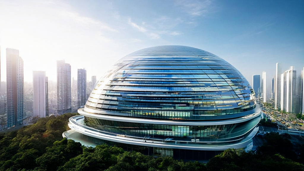 A cross-border e-commerce company in a futuristic city using AI technology for precise ad targeting and multilingual marketing content generation