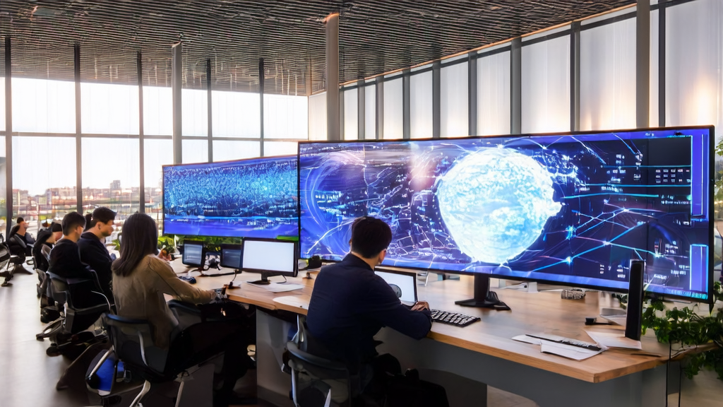 阳光明媚的早晨，跨境电商公司办公室内展示AI优化邮件营销和高德“AI停车雷达”实时数据