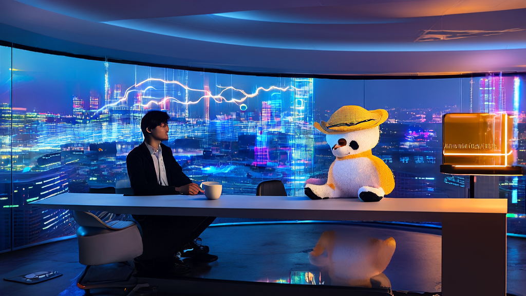 A young entrepreneur working intently in a futuristic office with city skyline and global market map in the background, featuring a cute wool felt panda on the desk