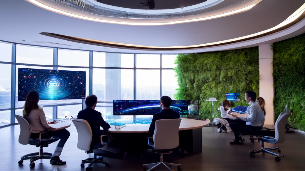 In a futuristic office, entrepreneurs discuss cross-border e-commerce acquisition strategies using AI technology