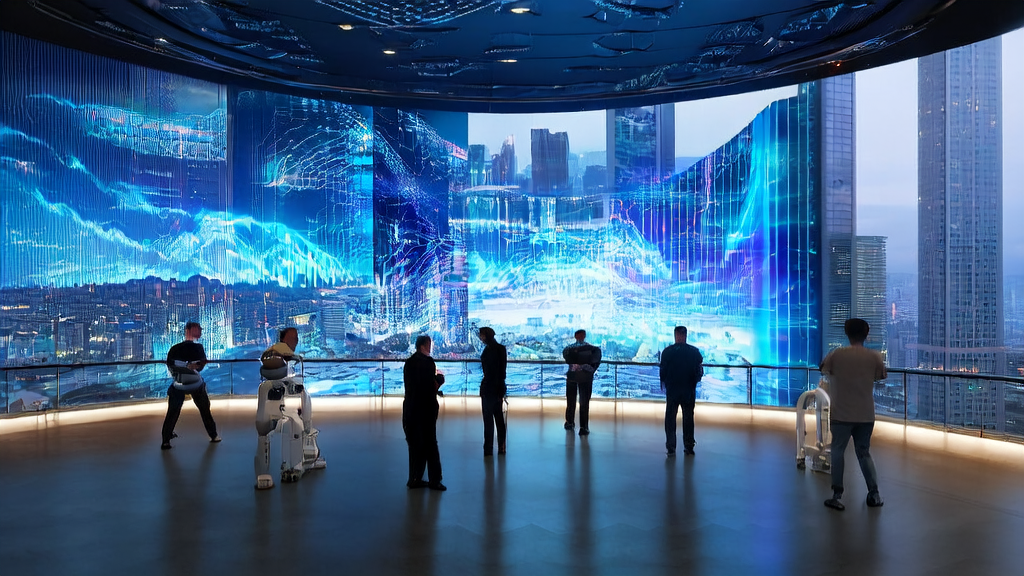 Modern office building in a futuristic city showcasing the application of AI algorithms and customer data cleaning services