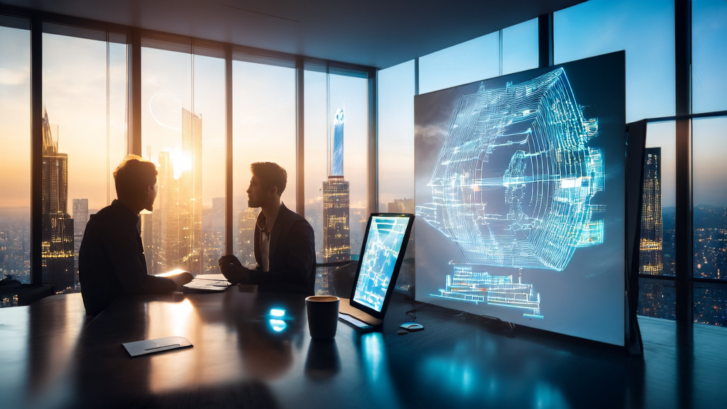 In a futuristic office, an entrepreneur uses AI technology to optimize email marketing strategies, with the Beijing skyline in the background