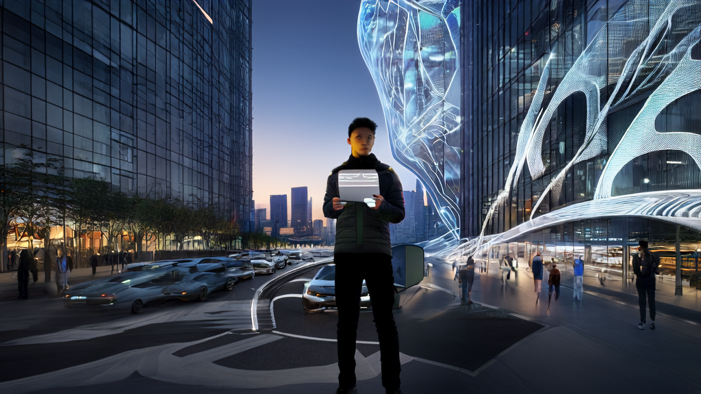 An entrepreneur showcasing the ERNIE-4.5 model in a futuristic city, surrounded by intelligent robots and self-driving vehicles, symbolizing the new trend of AI-driven customer acquisition.