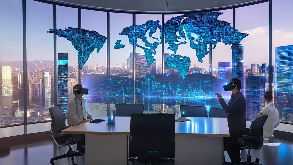 Employees in a cross-border e-commerce office using AI technology for global real-time interaction and data analysis