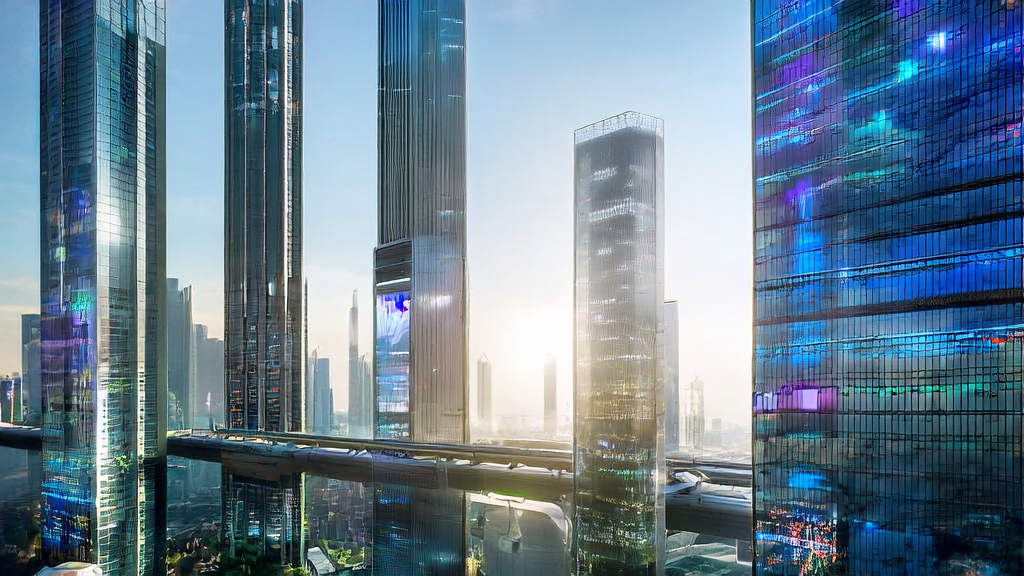 A cross-border e-commerce company in a futuristic city using AI-optimized multilingual email broadcasting software for global market expansion