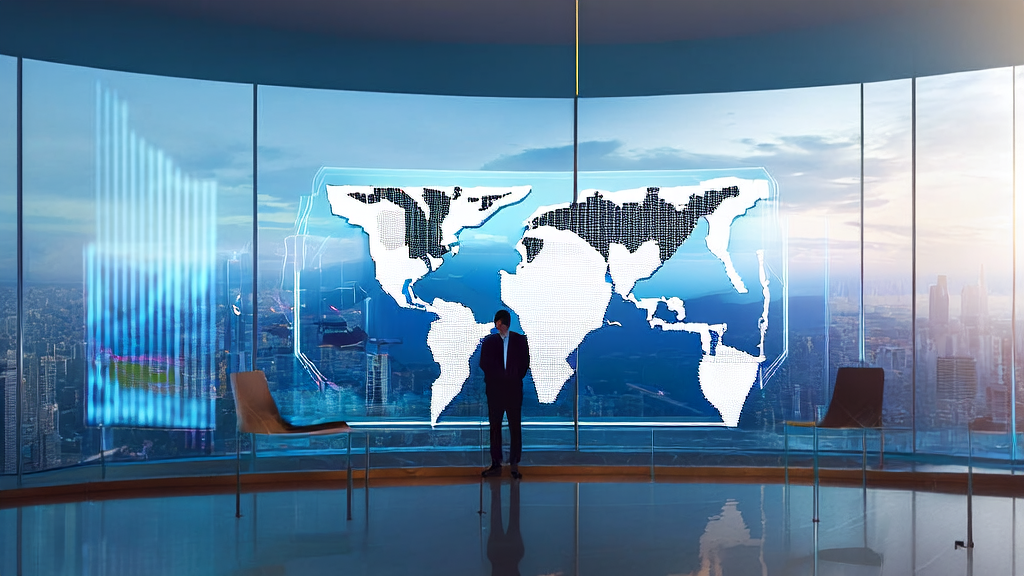 阳光下的现代化办公室内,跨境电商企业负责人通过AI技术平台实时监控全球客户获取策略。