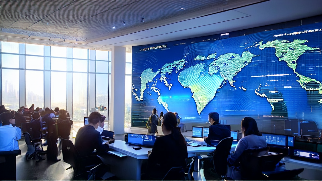 In a sunlit office building, technicians are using Z Code by Zhipu to discuss SEO optimization and automated marketing strategies for cross-border e-commerce websites.