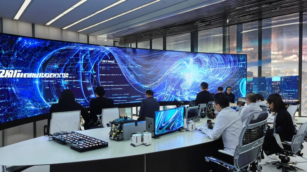 Engineers in a modern office studying AI-driven customer acquisition solutions, with a bustling city skyline in the background