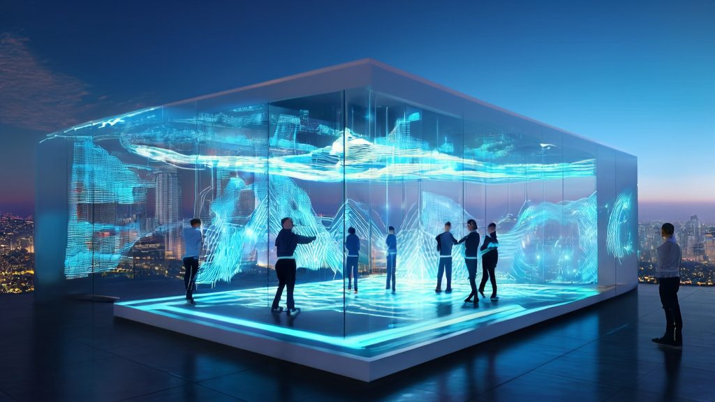 2025年AI获客趋势下独立站的流量增长策略，展示未来感的城市背景和创业者讨论AI技术的应用