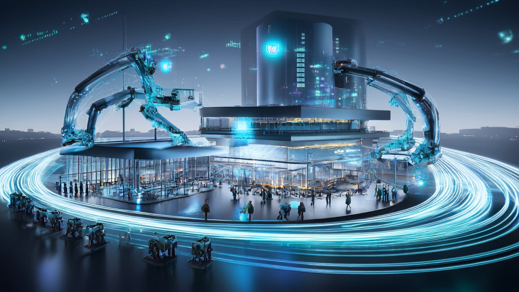 A futuristic tech scene showcasing Honhai and OpenAI's collaboration to revolutionize AI customer acquisition in cross-border commerce