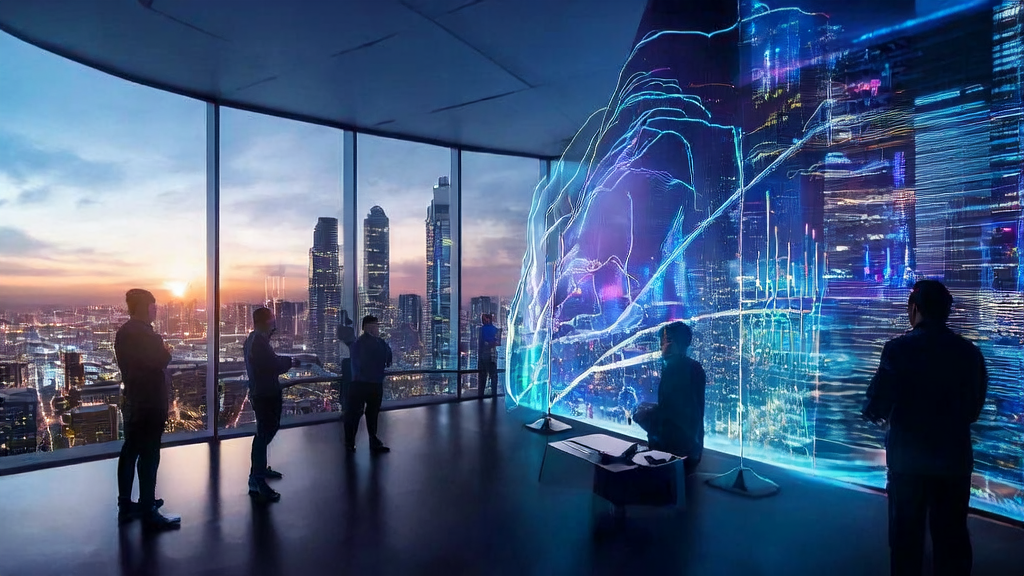 未来城市的现代化办公室中，数据分析师通过透明显示屏和全息投影设备监控AI优化广告投放系统。