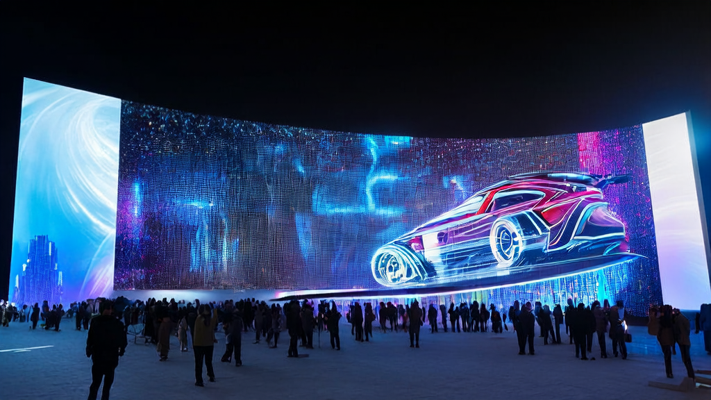 未来城市中展示AI优化广告投放的智能屏幕和理想汽车自研AI芯片M100的广告场景