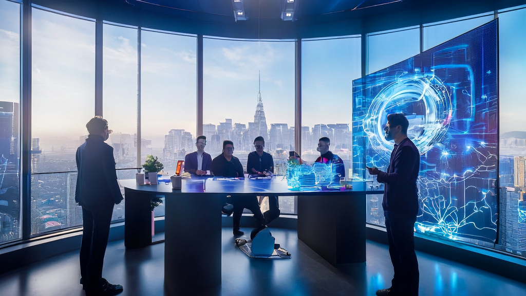 未来城市的高科技办公楼内，团队讨论AI技术在B2B市场的应用，屏幕上显示Kimi k2模型