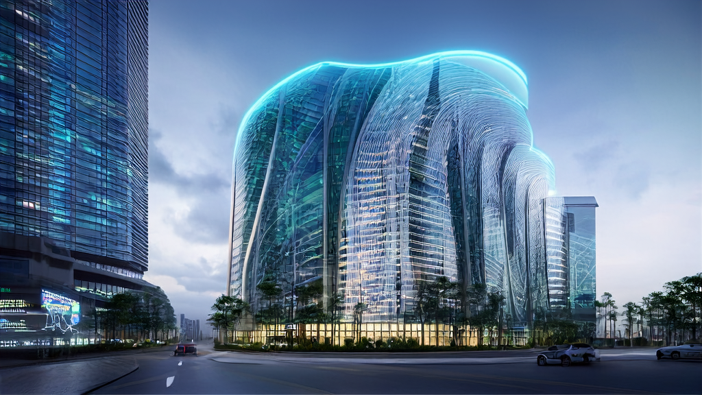 A modern cross-border e-commerce office in a futuristic city, showcasing the application of AI technology in SEO optimization