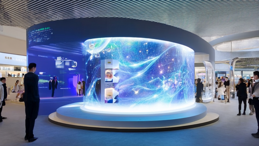 A smart store in a futuristic city showcasing AI-optimized ad placement and personalized recommendations