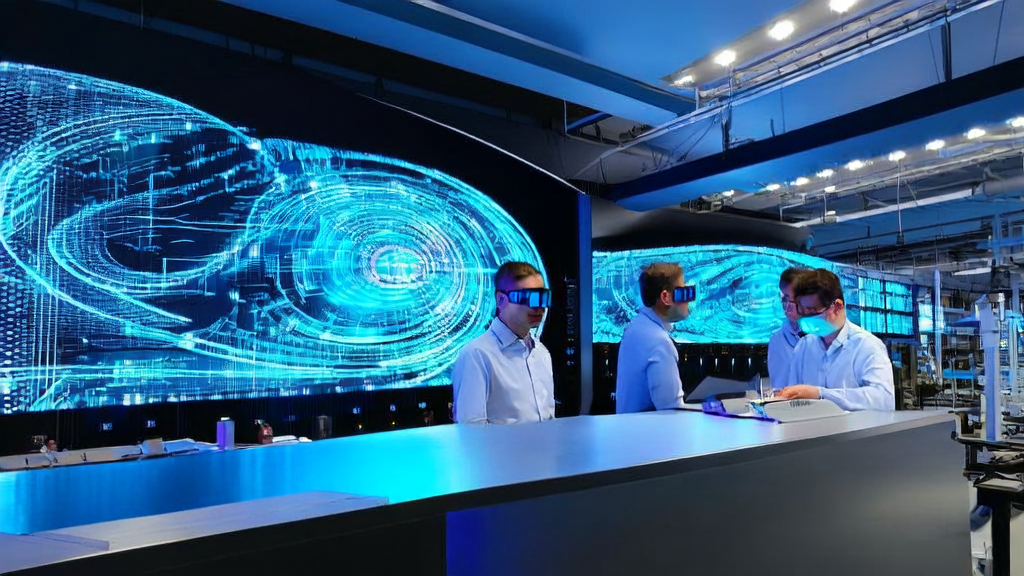 Control room of a future factory in 2025, showcasing AI-driven customer acquisition in manufacturing