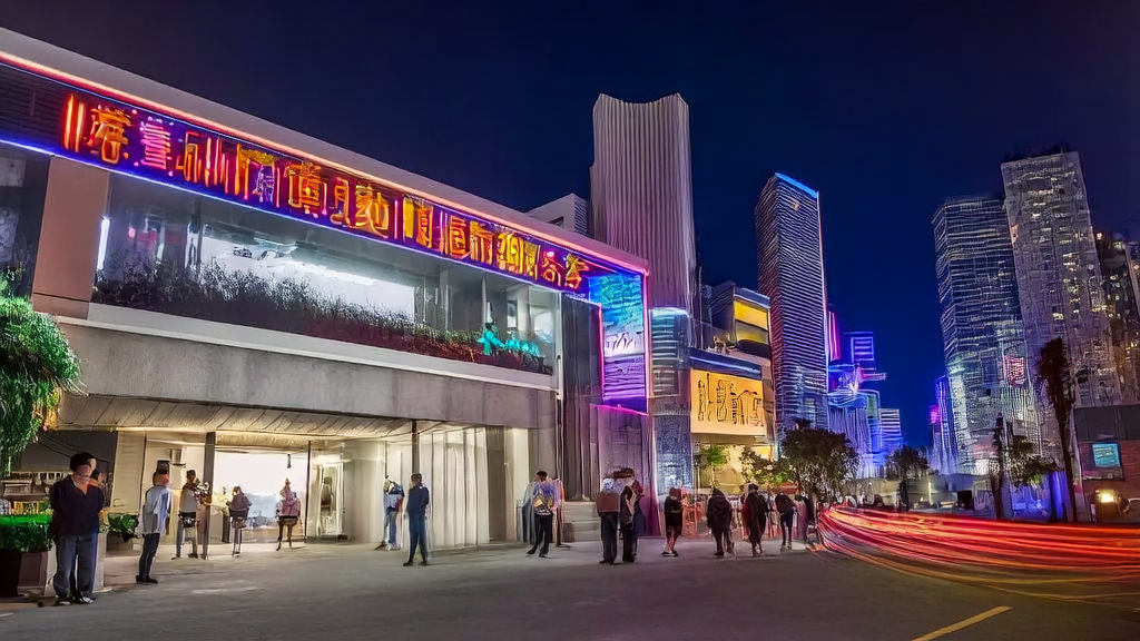 东南亚城市夜晚繁华街头，AI技术公司内部开发人员调试最新AI获客工具