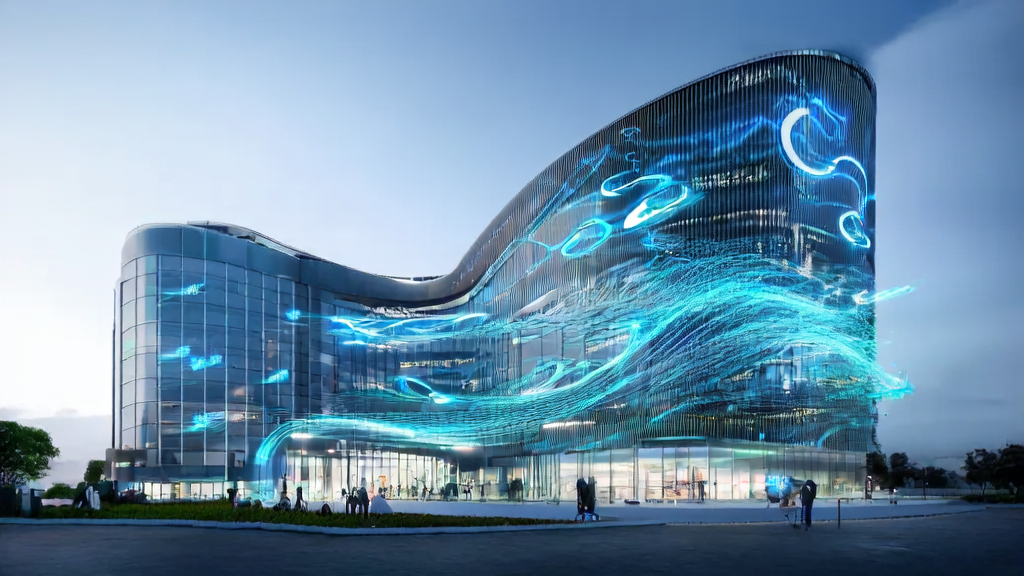 A futuristic independent site office building in a city, featuring the AI intelligent body "Ao Xia" logo, surrounded by data streams and light effects, symbolizing intelligent data analysis and optimized ad placement.