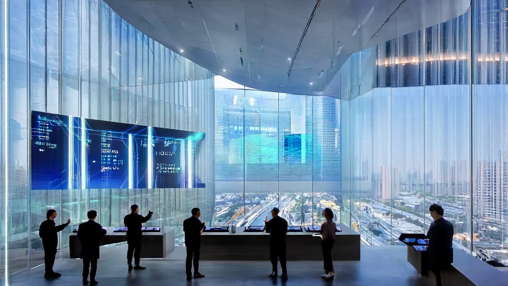 Inside a modern tech company, employees are using AI technology for customer acquisition, with the blueprint of Anhui's “15th Five-Year Plan“ displayed on the background wall.