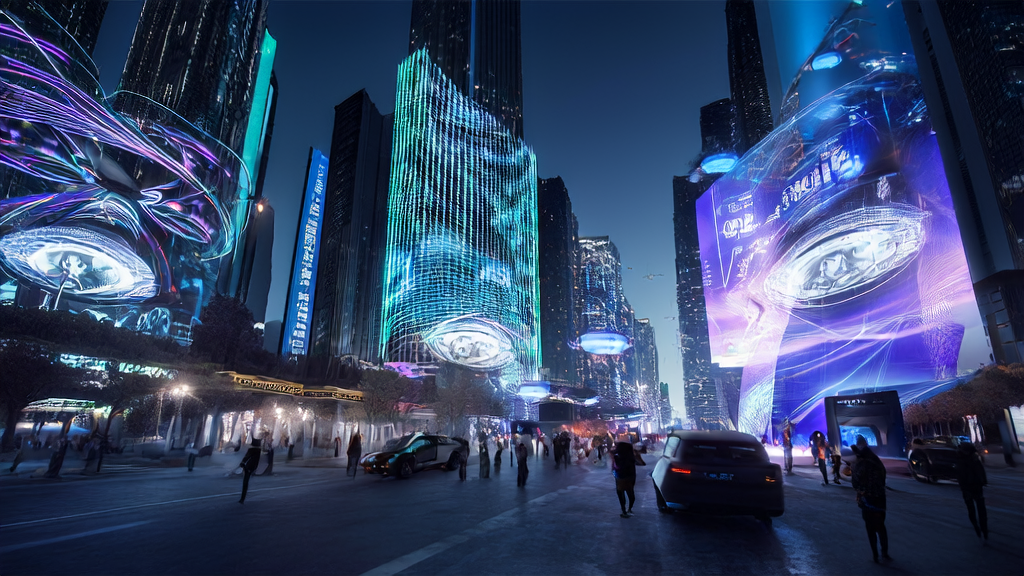 未来城市的智能广告投放场景，展示了Meta DreamGym框架如何提升广告效果和客户转化率。