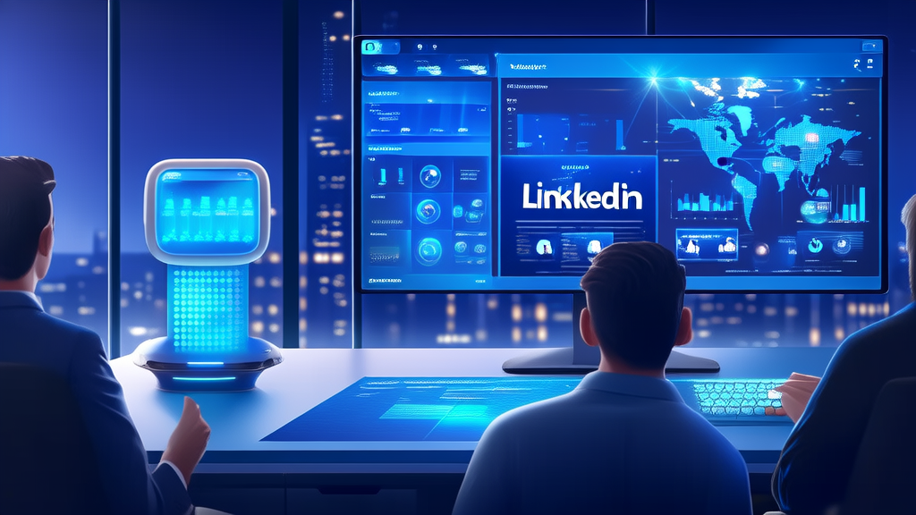 Employees in a modern office using AI tools to analyze LinkedIn customer dynamics, showcasing the application of AI technology in the B2B export market.