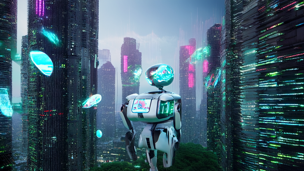An AI robot in a futuristic city demonstrating how AI optimizes ad targeting to reach global audiences and reduce CPA.