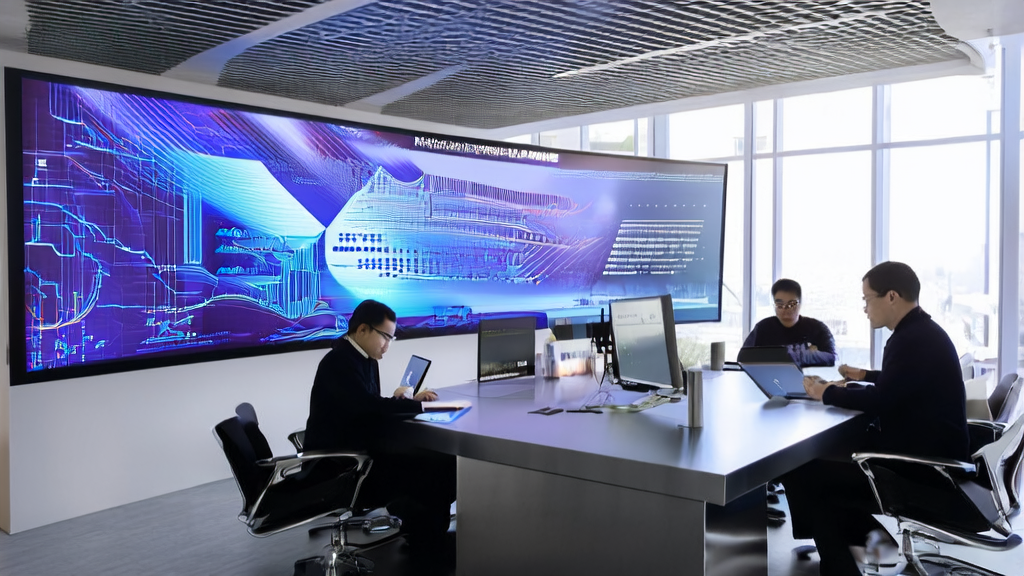 Engineers discussing AI-optimized ad targeting strategies in a modern office with a poster of SoftBank and OpenAI collaboration in the background