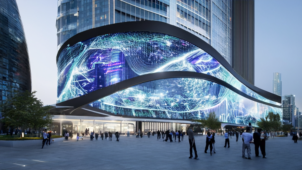 未来城市的现代化办公大楼前展示AI超个性化邮件营销技术