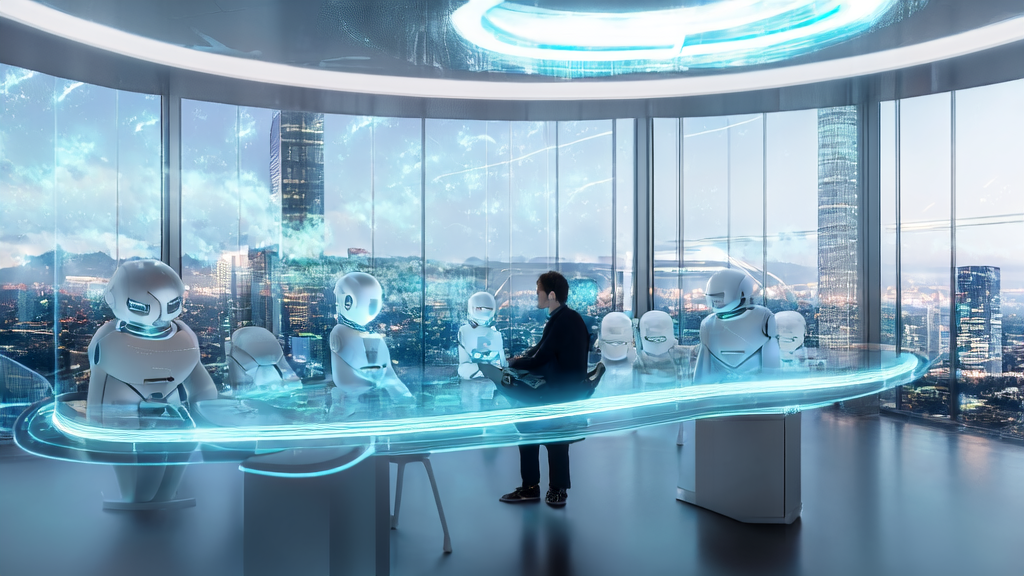 A young entrepreneur in a futuristic city uses AI for hyper-personalized email marketing with real-time advice from an intelligent robot assistant