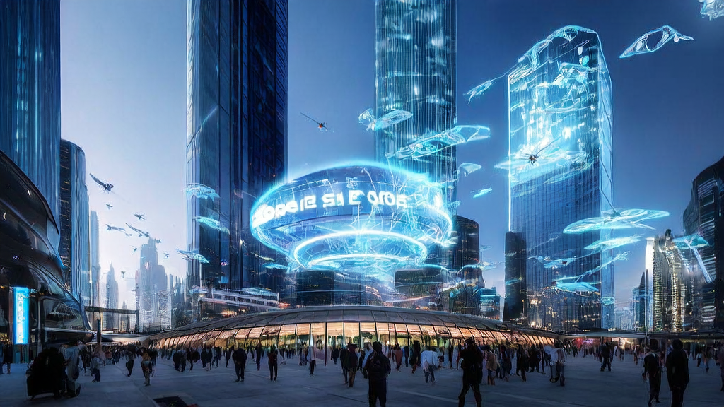 In a futuristic city, drones and smart glasses demonstrate AI-optimized ad targeting, while Lenovo launches the world's first AI Super Organism.