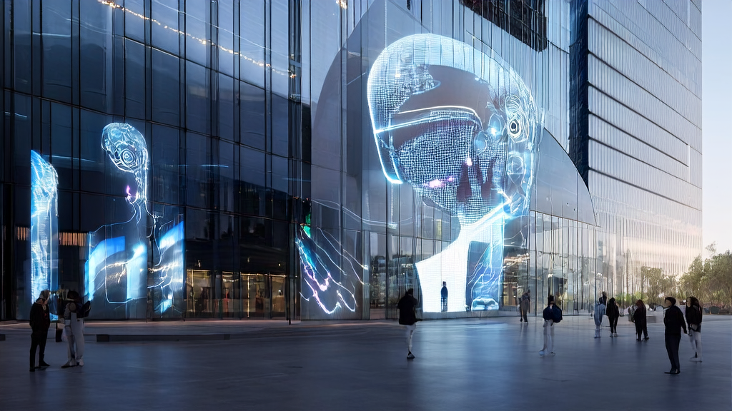 In front of a modern office building in a futuristic city, a large display shows AI Agents interacting with pedestrians, while intelligent robots provide personalized product recommendations, showcasing the application of AI technology in precise ad targeting and CPA optimization.