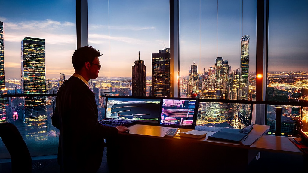 A data analyst in a modern office overlooking a bustling city, analyzing Twitter data for AI customer acquisition.