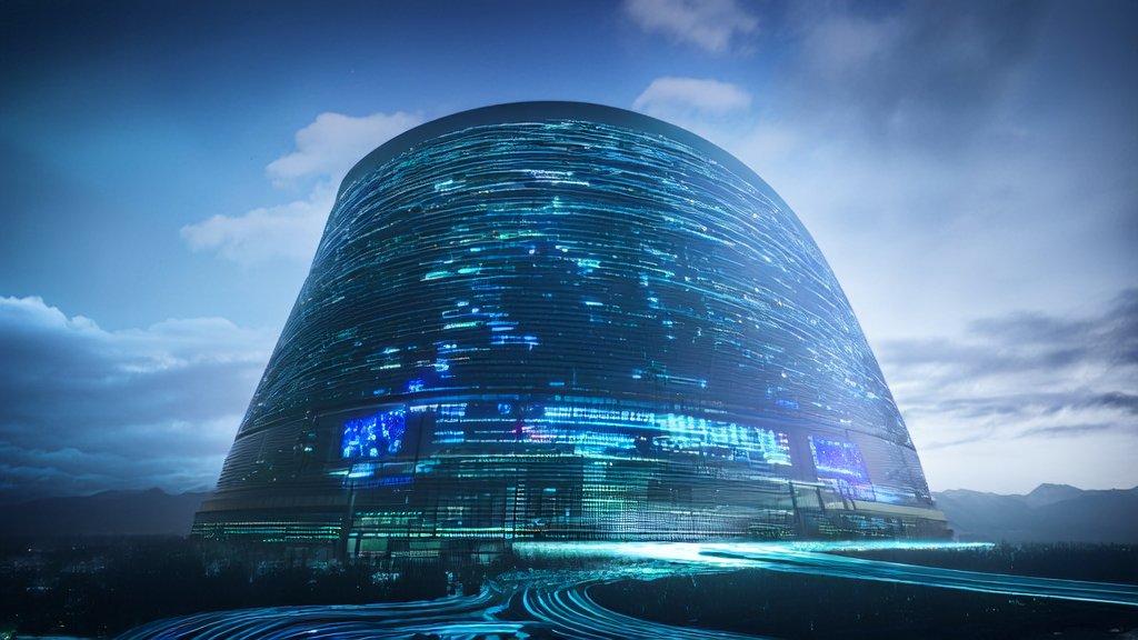 A futuristic building in the digital world displaying Twitter data streams on its walls, with intelligent clouds symbolizing the Matrix-Game model floating in the sky