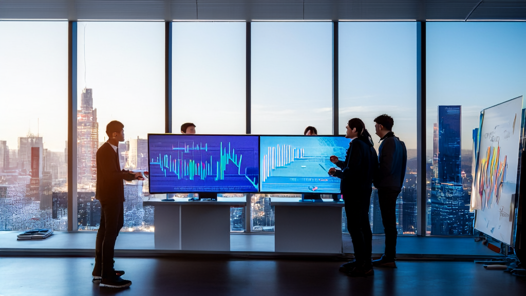 Young programmers are analyzing Twitter data and discussing new methods of AI customer acquisition in a modern office setting, with a Salesforce logo model in the background.