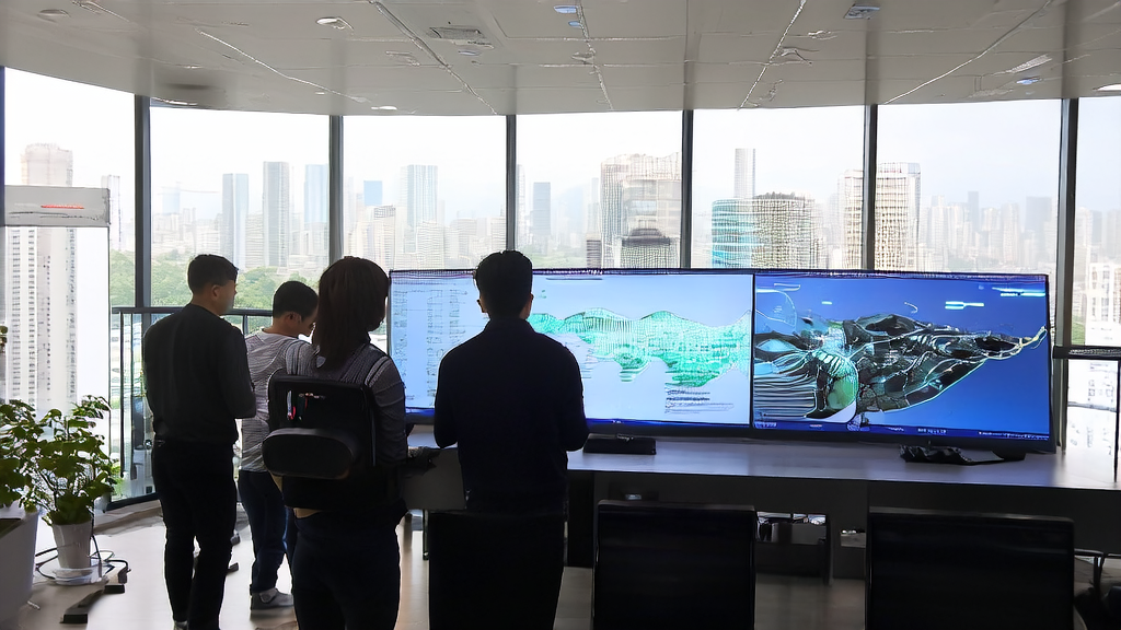 Engineers discussing how to improve customer acquisition efficiency using AI technology, with realistic 3D models generated by PhysX-3D