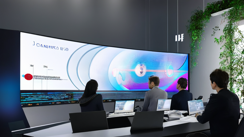 In a modern office, data analysts use AI technology to optimize ad placements, with real-time data and charts displayed on screens, and Adobe and OpenAI logos in the background.