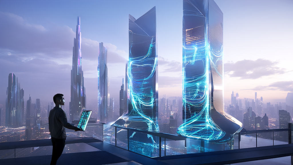 在未来城市中，一位创业者通过智能设备监控由高性能AI服务器Kimi k2优化的广告投放效果。