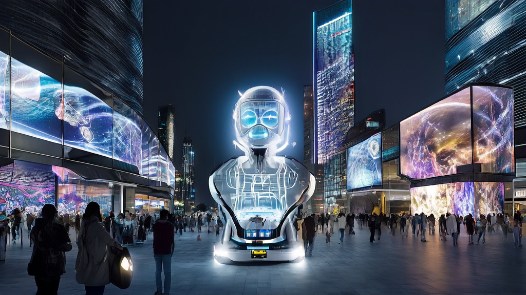 A futuristic city nightscape with an AI Agent robot displaying ads, self-driving cars, and smart devices everywhere