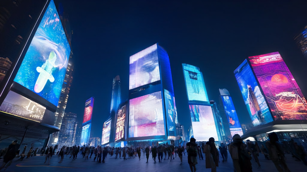 Scene of AI-optimized advertising in a future city