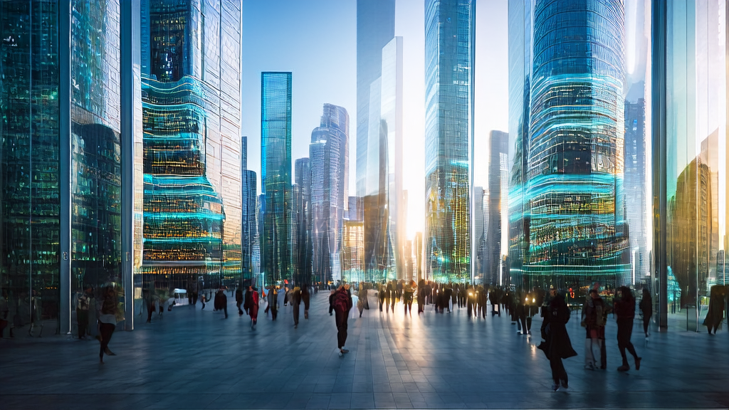 A futuristic cityscape with AI-optimized advertising, featuring smart ad screens and bustling streets bathed in sunlight, showcasing efficient ad technology and precise user targeting.